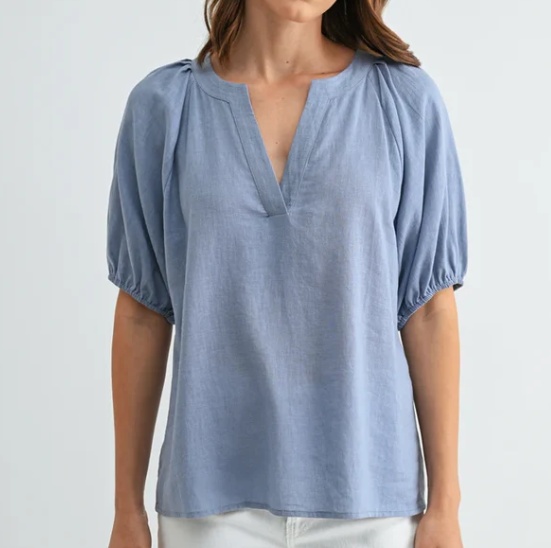 Dusty Blue V‑Neck Puff Short‑Sleeve Linen Top for Women