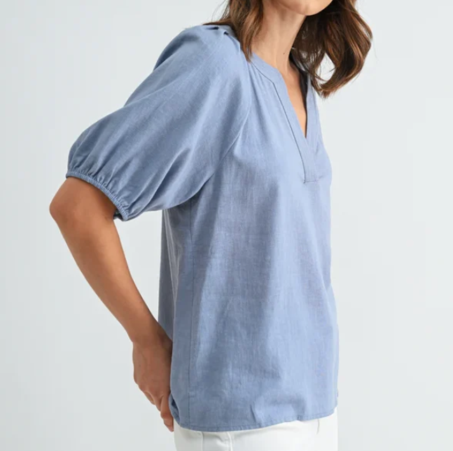 Dusty Blue V‑Neck Puff Short‑Sleeve Linen Top for Women