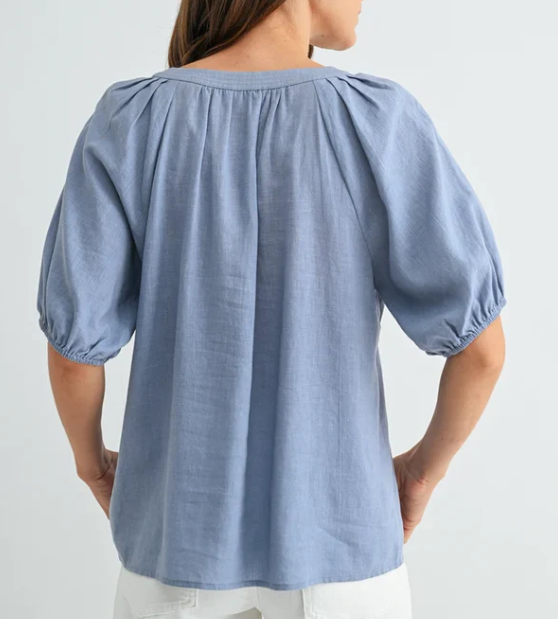 Dusty Blue V‑Neck Puff Short‑Sleeve Linen Top for Women