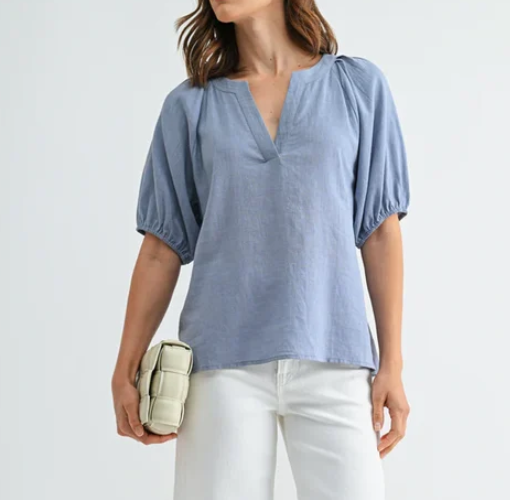 Dusty Blue V‑Neck Puff Short‑Sleeve Linen Top for Women